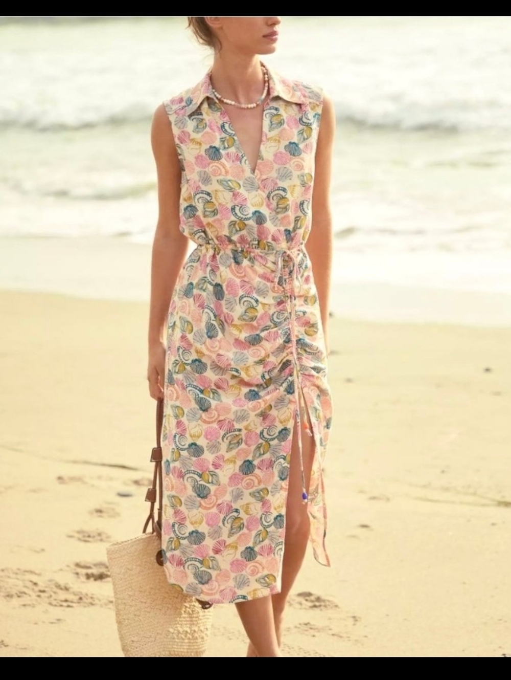 Anthropologie Sleeveless Midi Dress in Pink, Blue & Yellow Shell Print